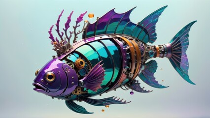 Futuristic robotic fish with vibrant metallic hues and intricate biomechanical details.