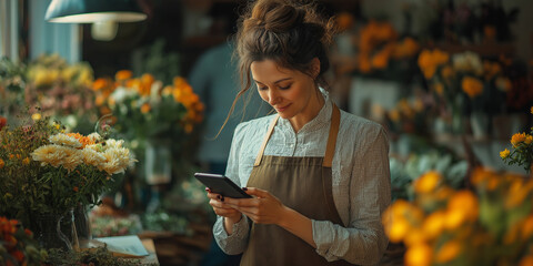 woman florist calling on smartphone at work