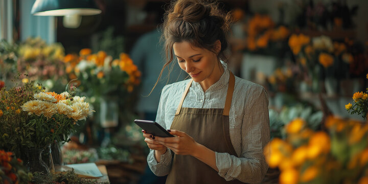 woman florist calling on smartphone at work
