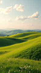 Fototapeta premium Rolling hills of emerald grass with wildflowers swaying gently in the breeze, green grass, natural scenery, landscape, serenity, landscape photography.