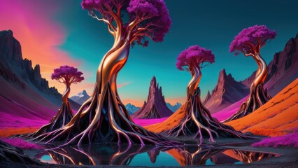 Surreal landscape with twisted metallic trees, vibrant purple canopies, and reflective pools.