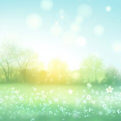 Obraz premium A soft, blurred spring landscape vector with realistic light effects. The background transitions smoothly from light green fields to a pale blue sky, with faint silhouettes of trees and flowers just