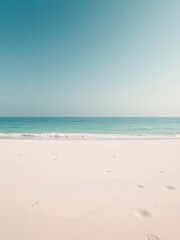Fototapeta premium Serene beach scene with soft white sand and gentle ocean waves, calming atmosphere, serene landscape, blue horizon, ocean waves, tropical paradise