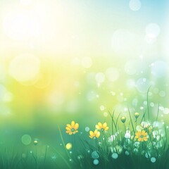 Fototapeta premium A realistic vector design of a spring scene, with blurred flowers and grass in the foreground and a hazy, sunlit background. The subtle gradient of green, yellow, and blue colors creates a sense of