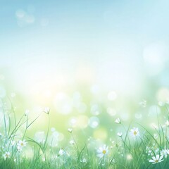 Obraz premium A blurred spring background in vector format, featuring a soft transition from green meadows to a light blue sky. Flowers and grass are subtly blurred in the foreground, with a faint sunlight glow