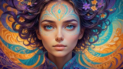 Ethereal woman with intricate face patterns, vibrant blue eyes, and swirling colorful background.