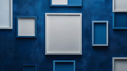 Empty picture frames hanging on deep blue wall, modern interior design mockup