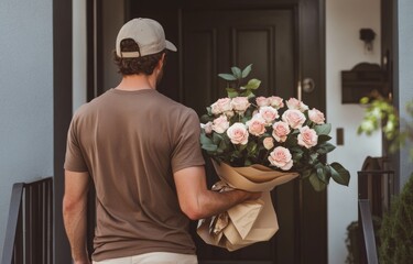 Man holding bouquet of pink roses wrapped in paper walking towards a house entrance. Outdoor lifestyle photography. Romantic gesture and gift concept.