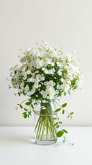 Small white gypsophila blooms in a vase with greenery, small stems, flower vases, white arrangement, fresh cut flowers, floral display