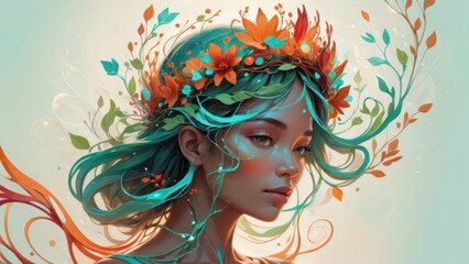 Ethereal woman adorned with a vibrant floral crown and flowing teal hair in a serene composition.