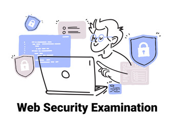 Web security examination concept person analyzing laptop locks code minimalist sketch