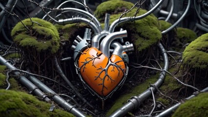 Mechanical heart with vibrant orange casing entwined by metal veins, set in a mossy, industrial landscape.