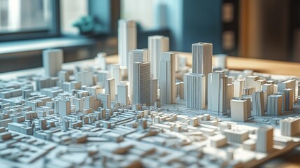 A detailed urban planning office with city models and zoning maps on display, Urban planning office scene, Methodical and visionary style