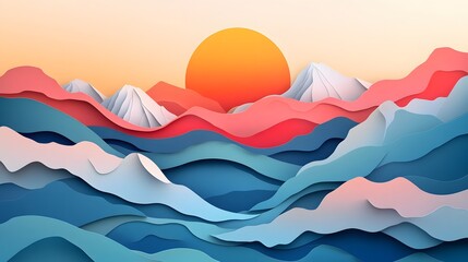 Abstract Paper Cut Landscape Sunset Mountains
