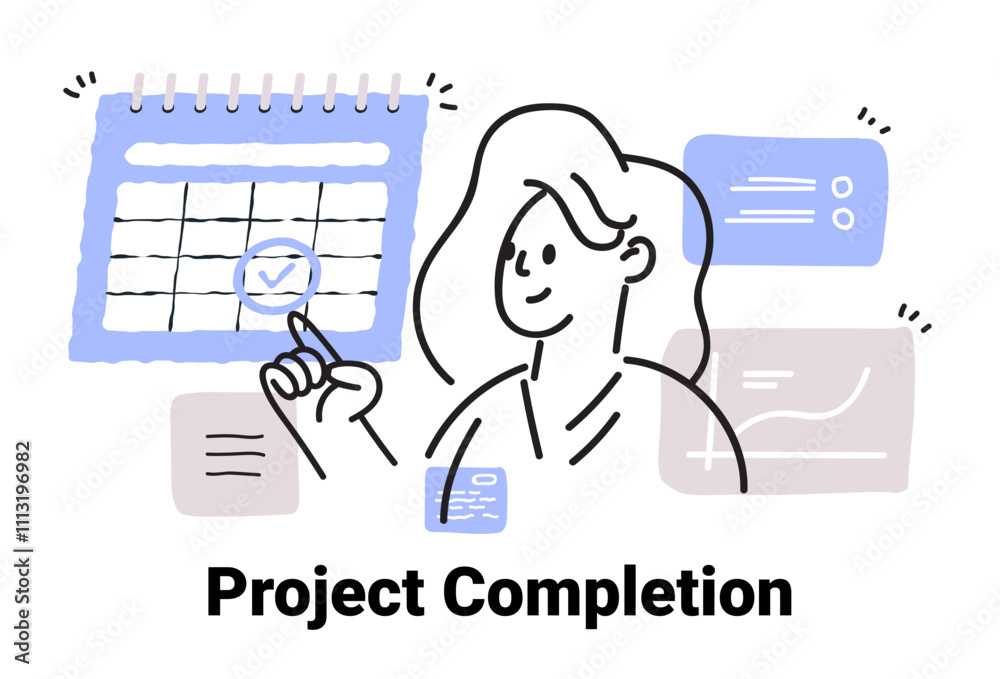 Poster project completion concept with person pointing at calendar surrounded by charts and graphs in a min
