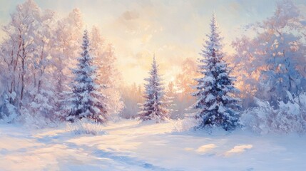 The sunrise shines on the snow-covered pine trees