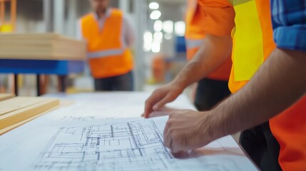A detailed view of a construction project manager reviewing architectural plans and project timelines with stakeholders at a construction office, Project coordination scene, Strategic planning style