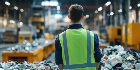 Man in recycling plant wearing safety vest sorting materials for environmental sustainability