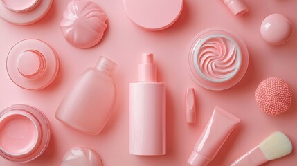 Pastel pink beauty products flat-lay with elegant design