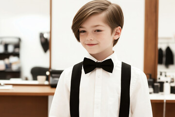 Young Caucasian boy in formal attire with bow tie in hair salon setting