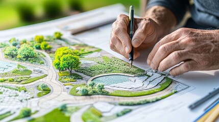 A detailed view of a landscape architect designing a sustainable green space with native plants and water conservation features, Landscape architecture scene, Environmental integration style