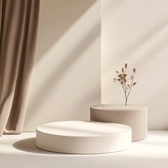 Fototapeta premium A round podium in a sleek 3D design, with smooth, minimalistic surfaces, ready for product presentation. The podium is set against a clean background, creating a simple yet elegant composition. The