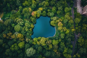 Naklejka premium Aerial view of a pond in a lush green park.