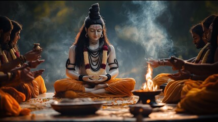 Hindu devotees in prayerful posture for Lord Shiva morning ritual. Devotees offer prayers with incense burning, flowers scattered around Lord Shiva statue. Religious ceremony outdoors. Early morning