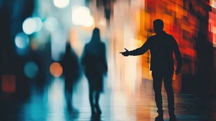 Silhouette of a Man Inviting in a City at Night