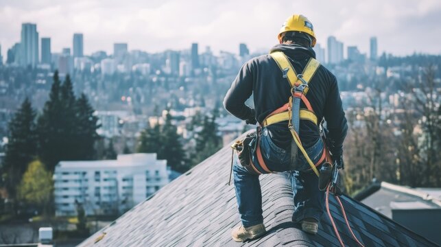A detailed view of a roofer in a safety harness, securing shingles on a rooftop, with a cityscape in the background