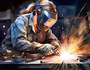 A person in protective gear welds metal, creating bright sparks in a dynamic, colorful scene