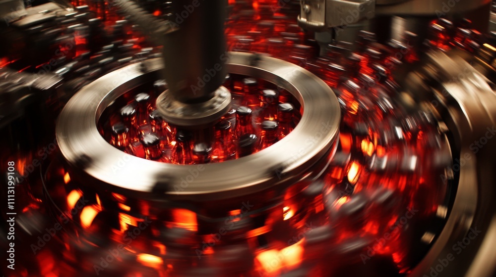 Poster Bottles filled with rich red wine travel swiftly through a production line at a winery. The setting showcases modern machinery designed for efficient bottling while maintaining quality.