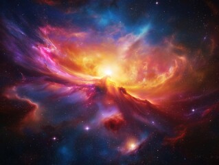 Naklejka premium Colorful nebula displays vibrant cosmic colors. Vast space filled with star clusters. Abstract design galactic elements. Stunning visuals portray beauty, mystery of outer space. Intricate details