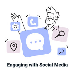 Engaging with social media concept sketch style icons communication person smartphone apps minimalist