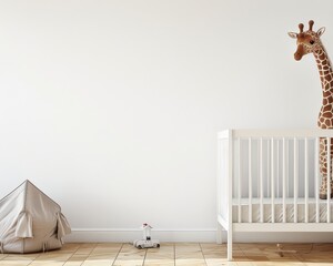 A white crib with a plush giraffe toy in a minimalist nursery