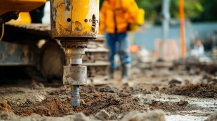A detailed view of construction engineers conducting soil compaction tests using specialized equipment at a highway construction site, Soil compaction testing scene, Engineering inspection style