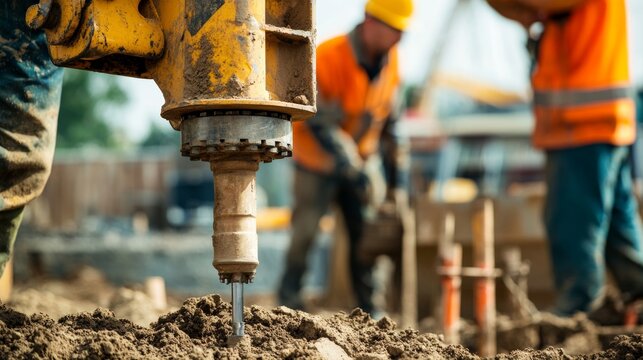 A detailed view of construction engineers conducting soil compaction tests using specialized equipment at a highway construction site, Soil compaction testing scene, Engineering inspection style