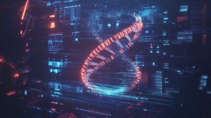Holographic DNA double helix, glowing orange-red, surrounded by digital data streams, futuristic interface, network, technology, display.