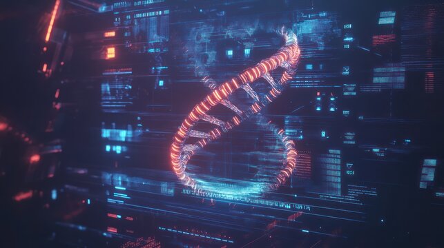 Holographic DNA double helix, glowing orange-red, surrounded by digital data streams, futuristic interface, network, technology, display.