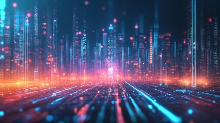 Futuristic cityscape with vibrant lights and digital elements.