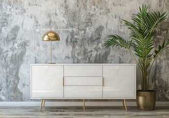 White sideboard with gold accents against a distressed concrete wall with a palm plant in a gold pot and gold lamp