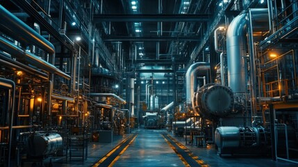 Industrial facility with large machinery and pipes in a dimly lit space.