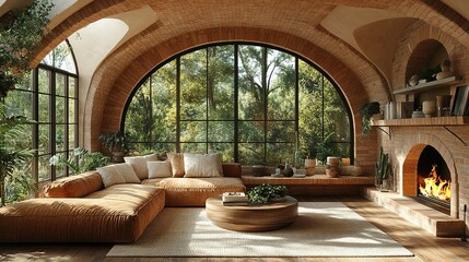 Sunlit Living Room With Brick Arches And Lush Greenery