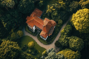 Aerial view of a secluded mansion nestled within lush greenery.