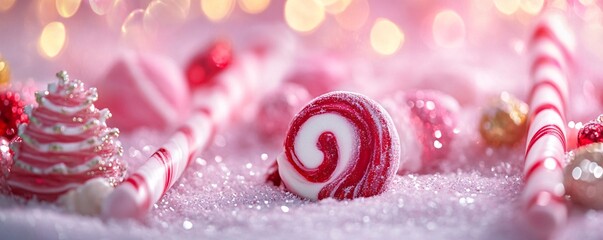 Christmas candy canes and peppermint swirl lollipop resting on pink glitter