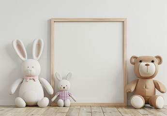 A blank white frame on a white wall with a teddy bear and two bunny stuffed animals