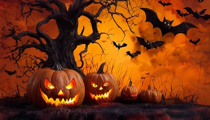 scary pumpkins by a twisted tree with bats in the background