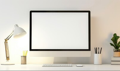 A white desk with a computer monitor. a lamp. a plant. a keyboard. a mouse. and a pencil holder