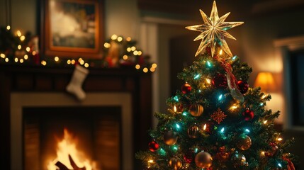 Close-Up of Decorated Christmas Tree Twinkling Lights Baubles Shining Star Cozy Living Room with Fireplace