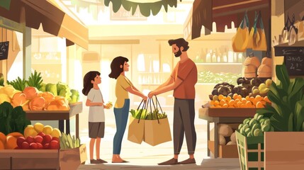 Obraz premium Illustration of a Family of Four Shopping at a Farmer's Market with Bags